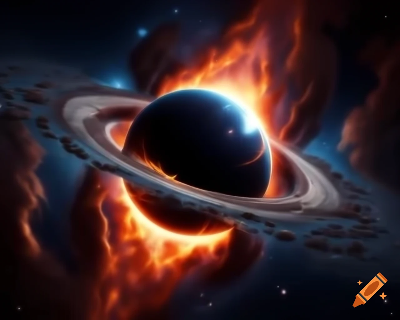 Realistic rendering of a black hole in star-filled space with artistic lens flare