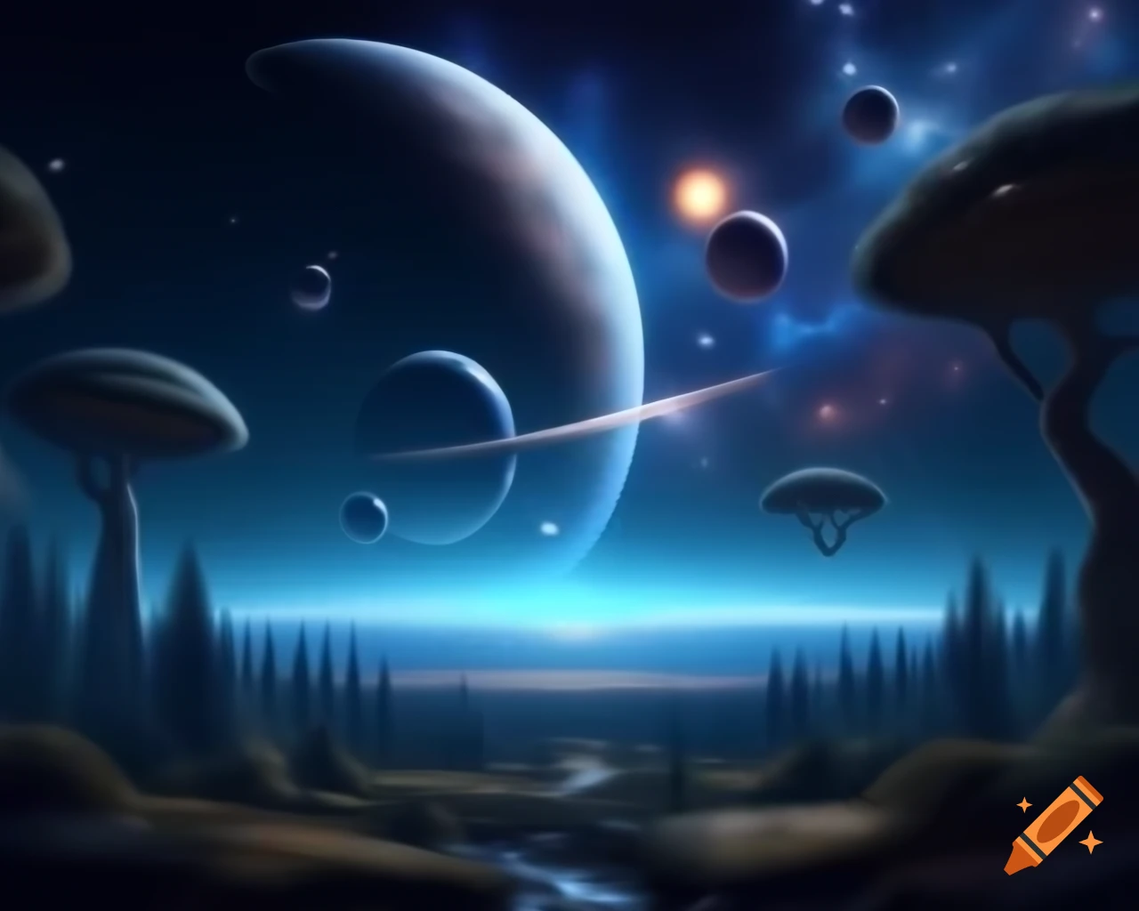 Exploration of alien forest under beautiful skies with distant planets and stars