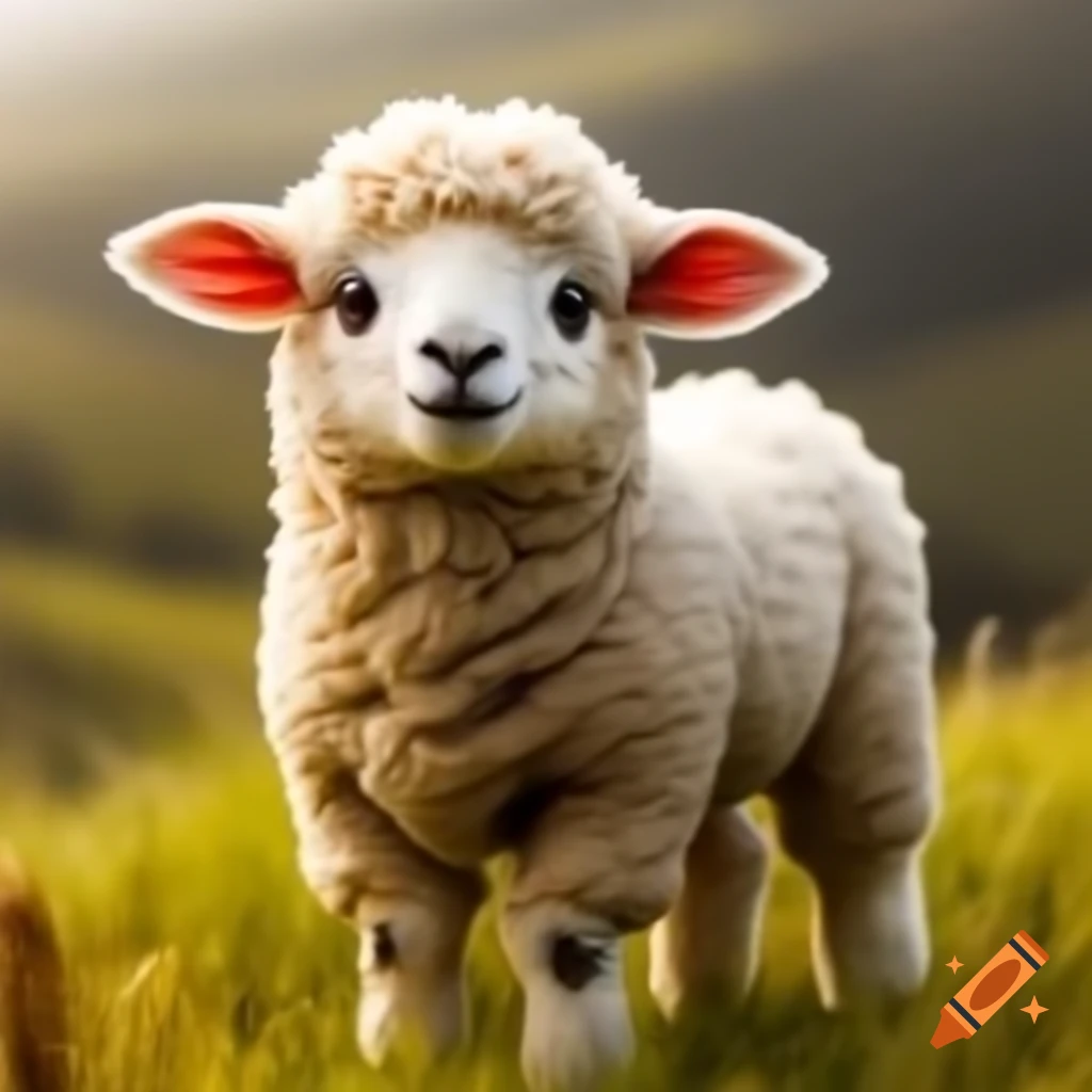 Cute shy semi-realistic sheep in a lush pasture