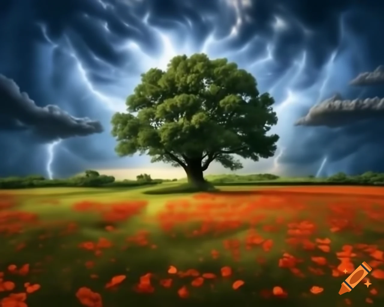 Surreal scene of oak tree in meadow with poppies and cornflowers during thunderstorm and flying umbrellas