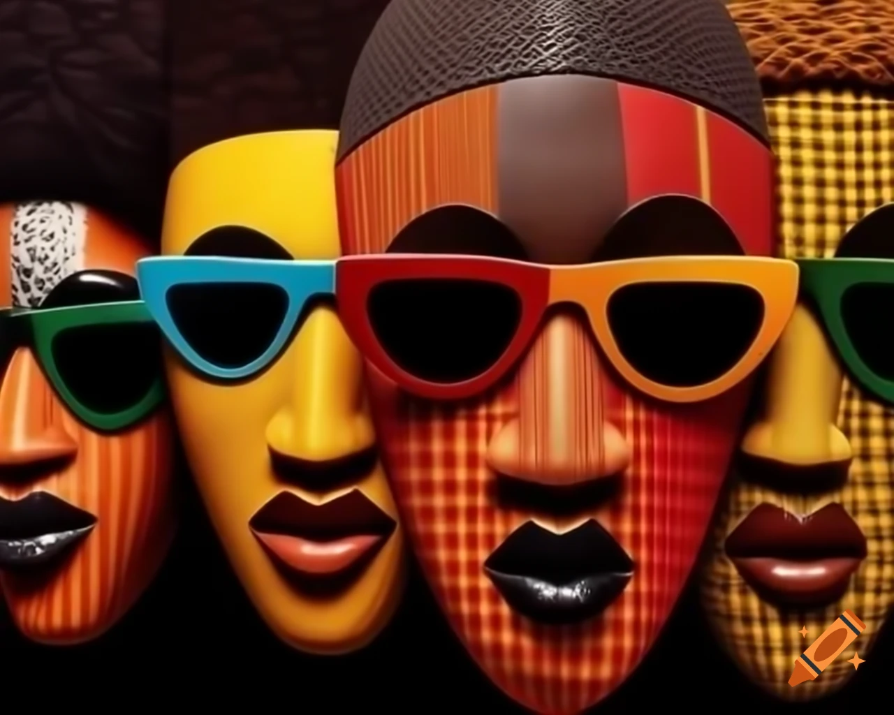 Colorful african masks with sunglasses reflecting vibrant music and joyful moods