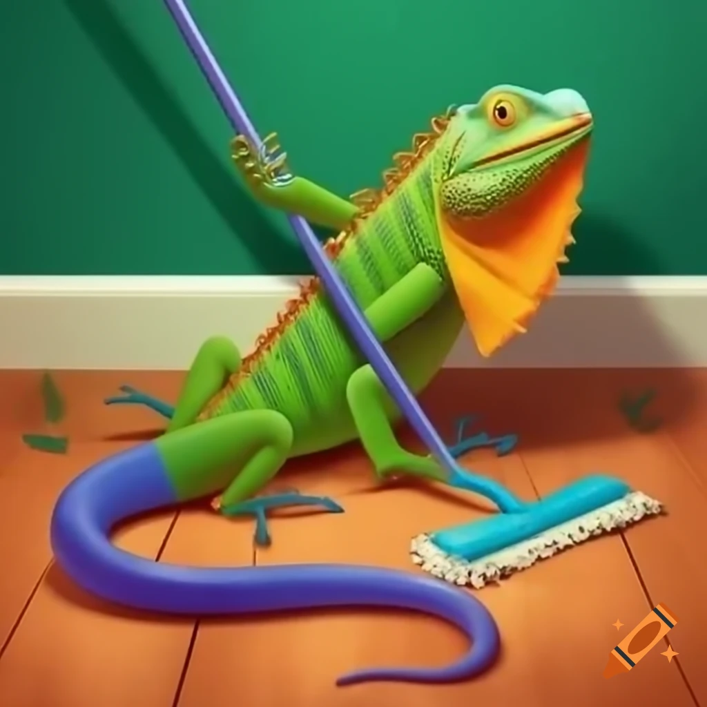 Iguana and snake interacting while mopping the floor