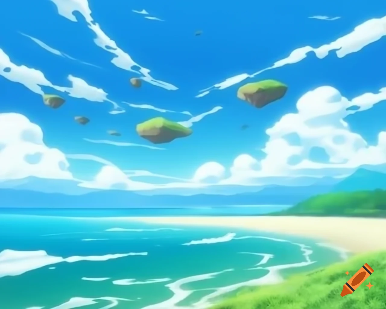 Anime beach scene featuring floating islands above ocean