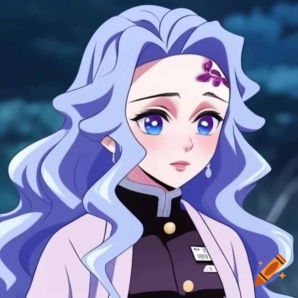 Animated feminine heroine from Kimetsu No Yaiba with silvery periwinkle hair in ornate portrait