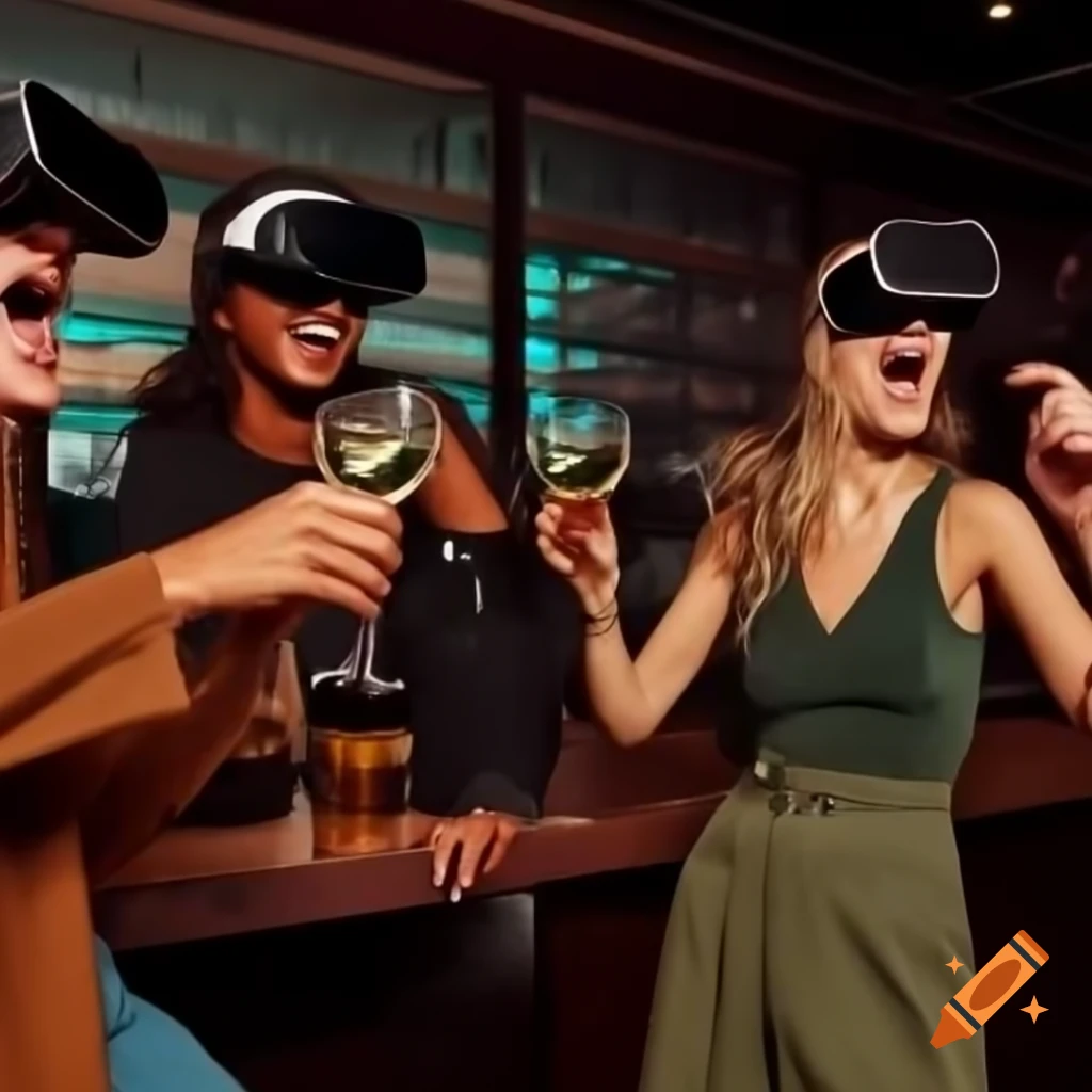 People with virtual reality glasses enjoying wine in a bar