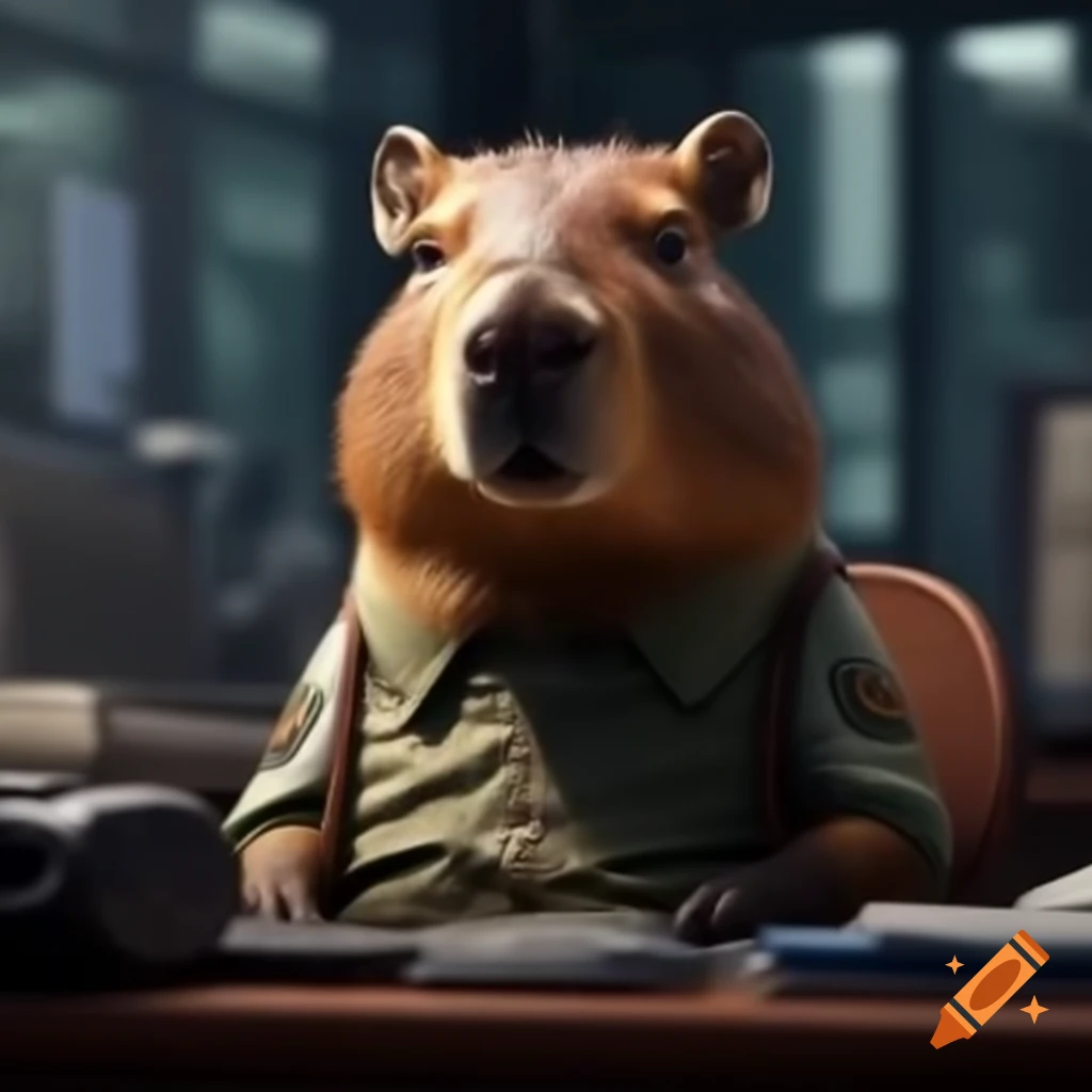 Capybara in military clothes leaving office at 3 PM