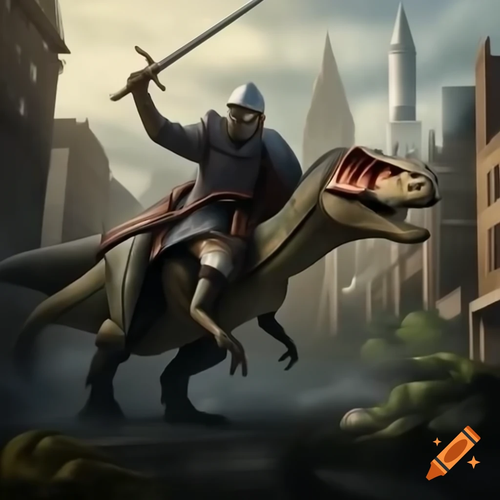Medieval knight hunting dinosaur in city with rocket, realistic photography