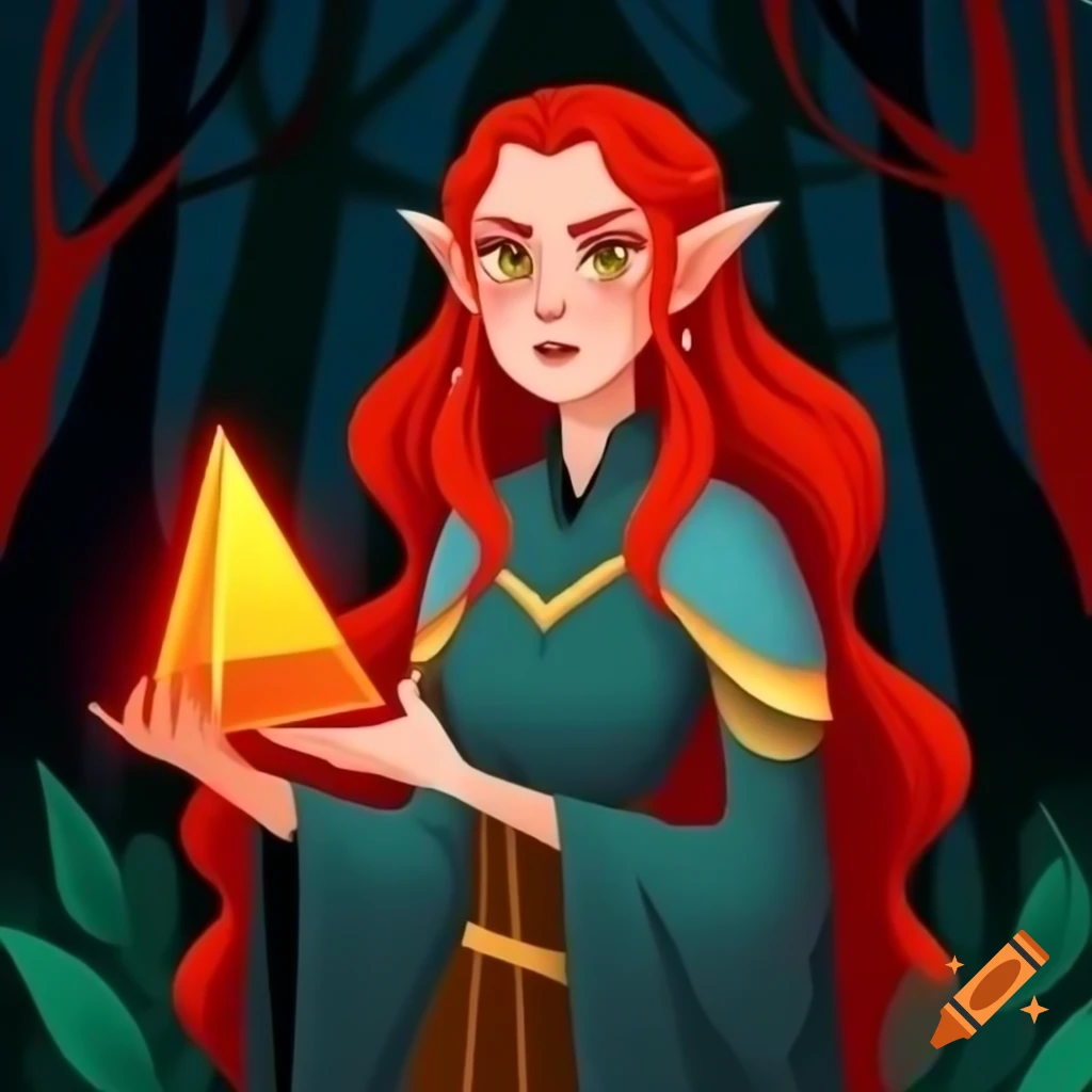 Surreal illustration of female elvish mage with red hair and pyramid object in forest