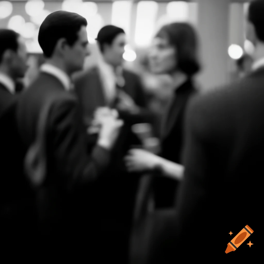 Two people conversing amidst a crowded reception
