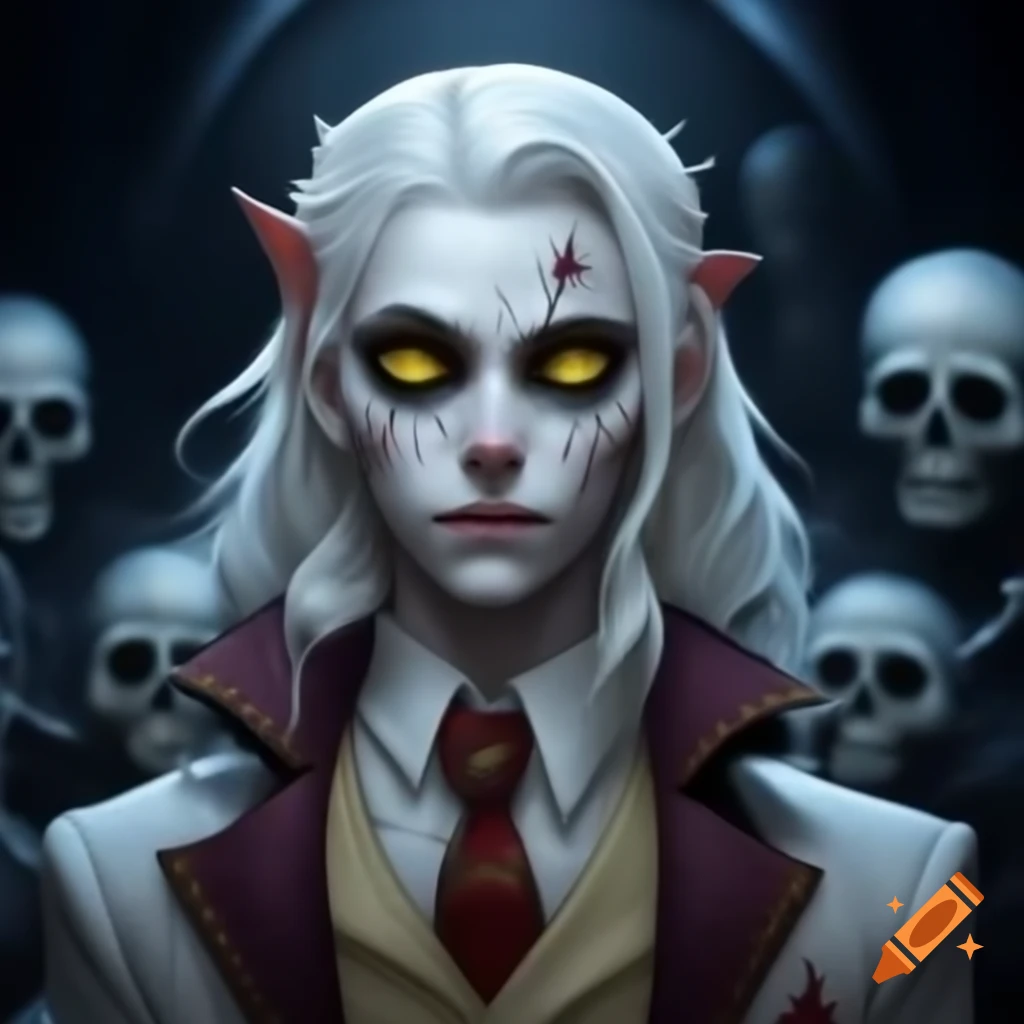 Vampire prince with white hair and crown amidst a haunting scene
