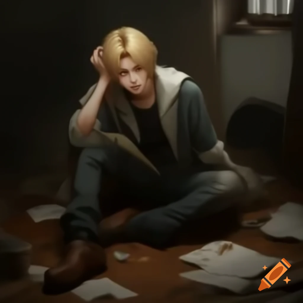Exhausted young man with blond hair in messy room, semi-realistic anime style