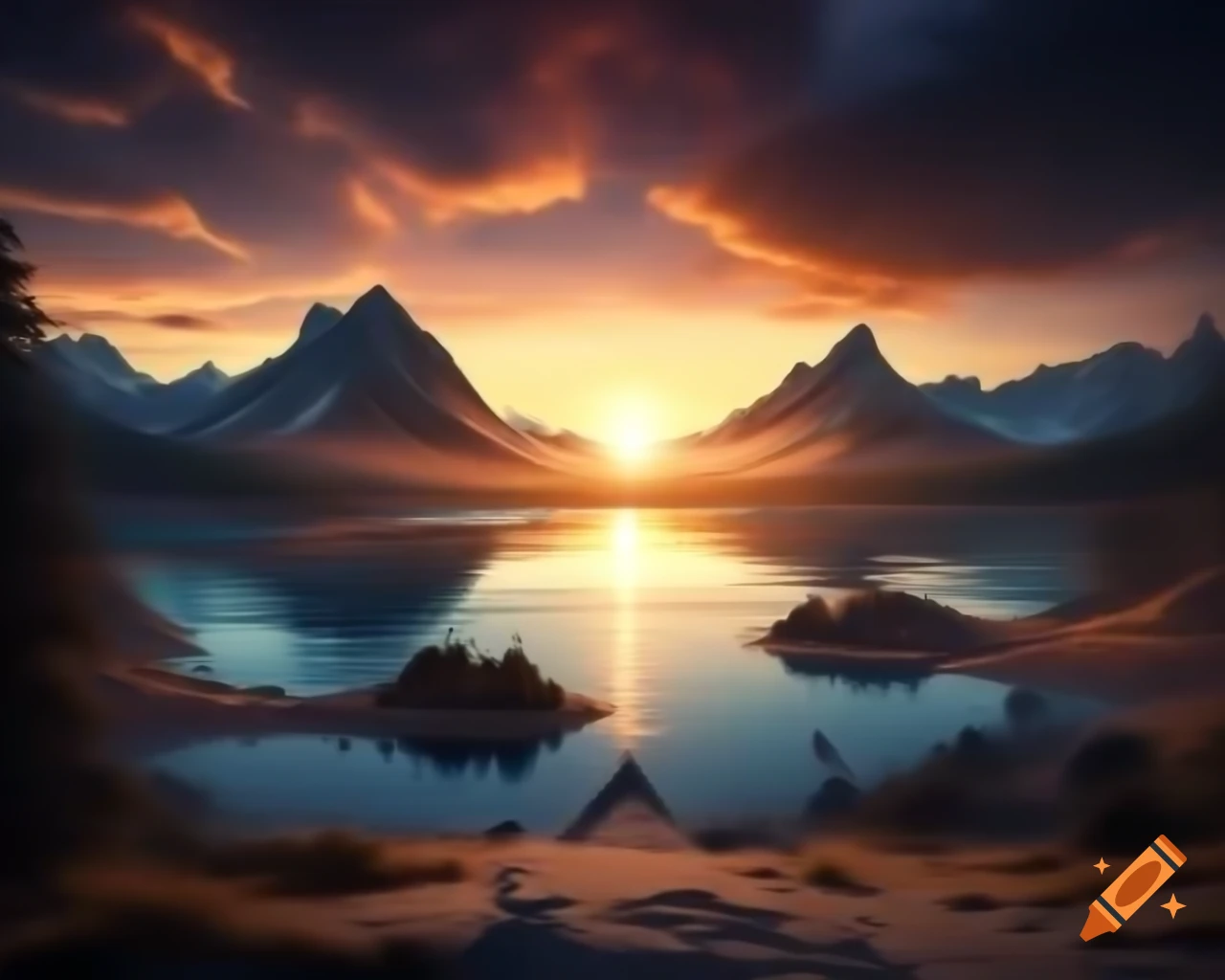 Photorealistic 3D render of mountain lake at sunset with sun rays and island