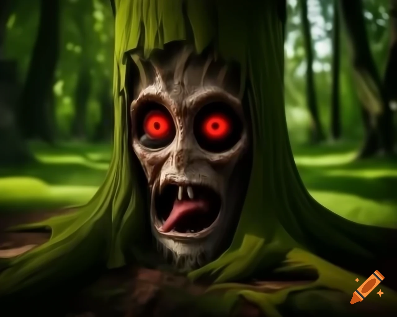 Creepy human face made of bark on tree in dark woods with red mouth and trees on body