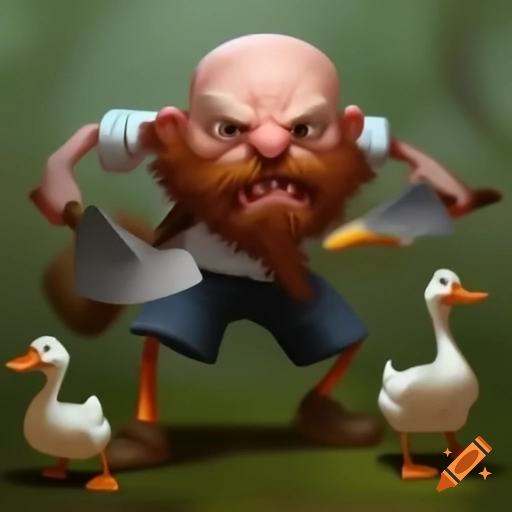 Bald red-bearded man with knife chasing ducks