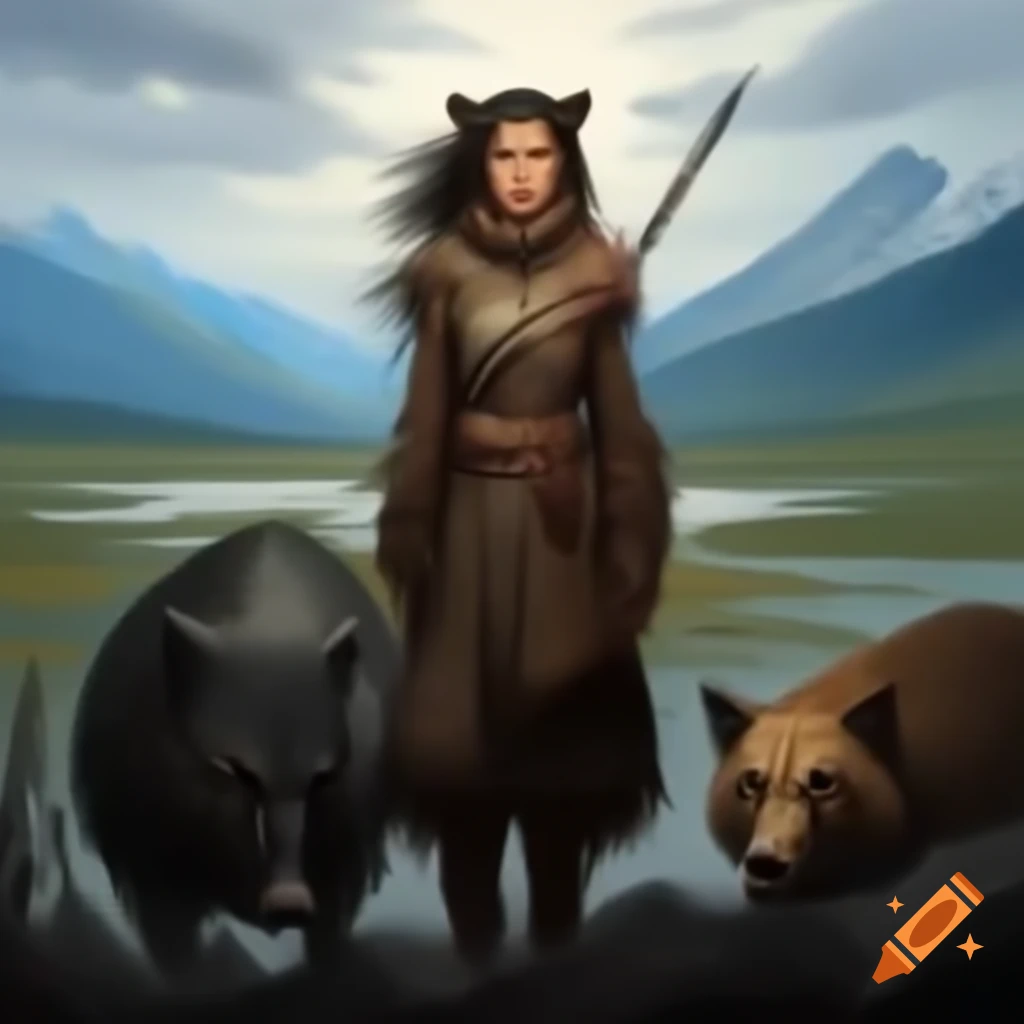 Valiant young woman at the edge of Siberian wilderness, gazing towards horizon