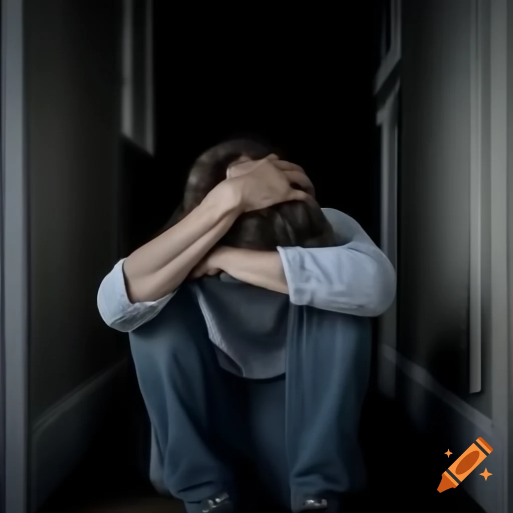 Young man crouched in dark hallway, conveying emotion of fear