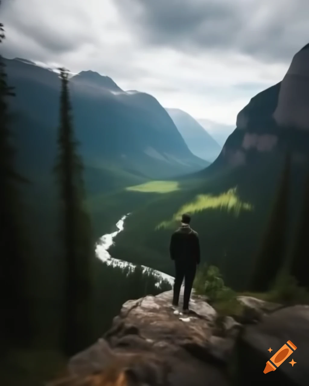 Man gazing at mountains in valley with winding river and green-blue trees