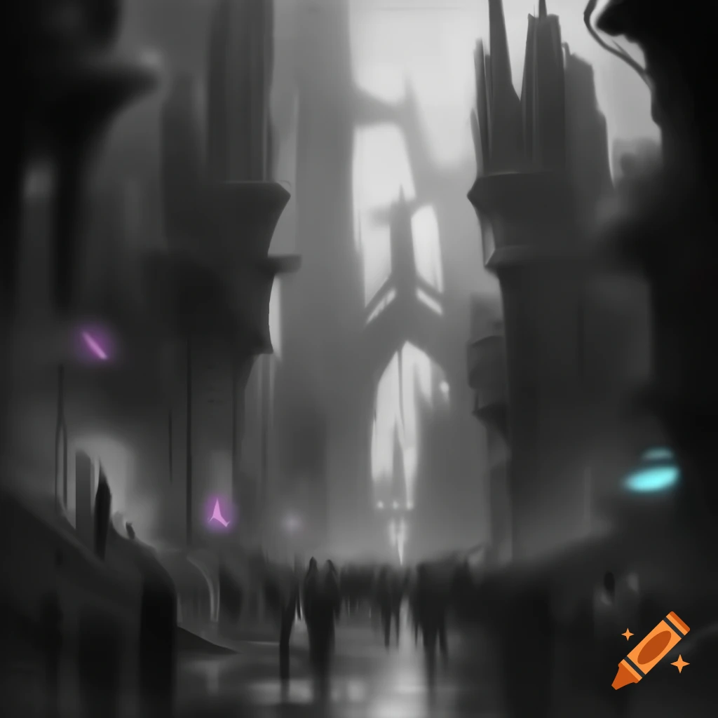 Greyscale cyberpunk city landscape with gothic fantasy elements