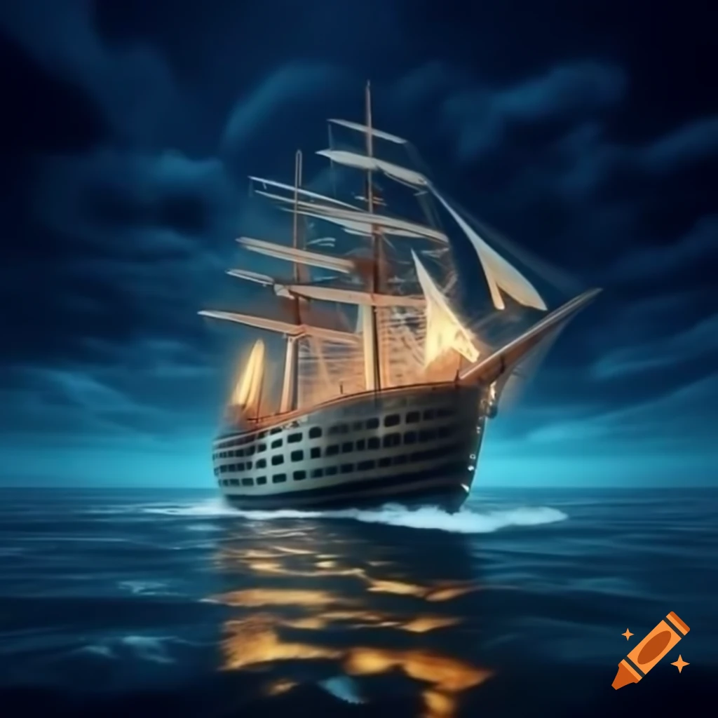 Beautiful ship sailing at night in the sea
