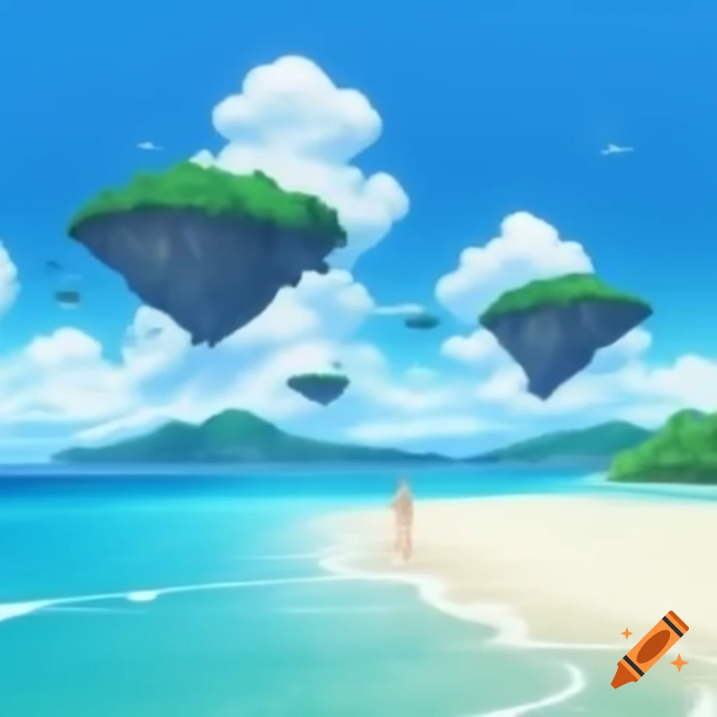 Anime beach scene featuring floating islands above ocean
