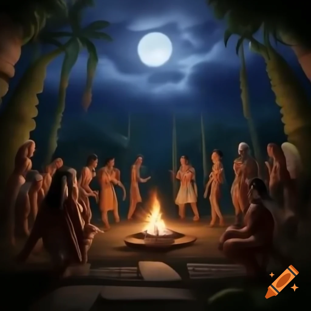 Tribal village conducting ritual by moonlight in jungle with stone altar