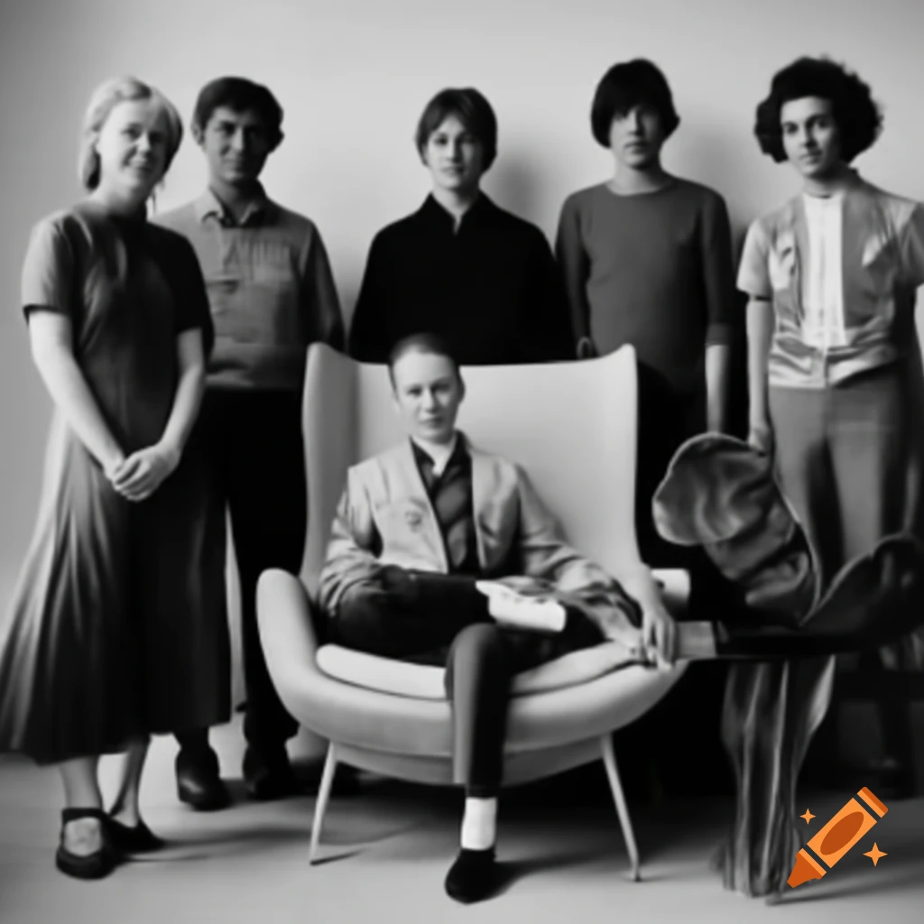 Young people in vibrant outfits around midcentury modern chair