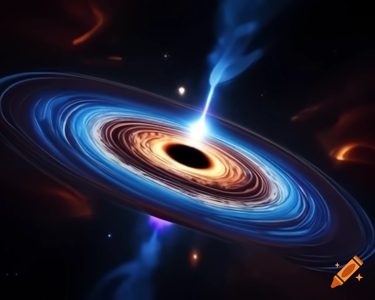 Realistic rendering of a black hole in star-filled space with artistic lens flare