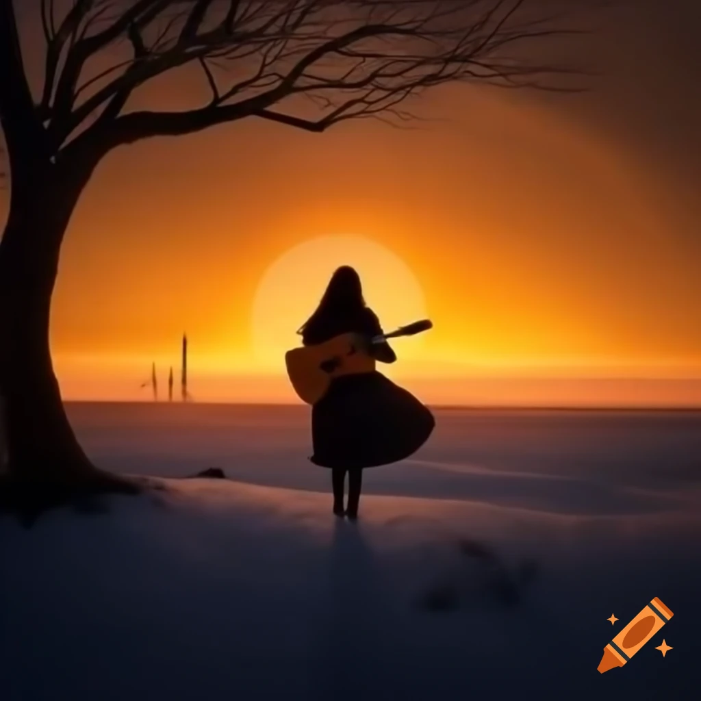 Woman in winter coat with guitar leaning against tree in snowy landscape at sunset