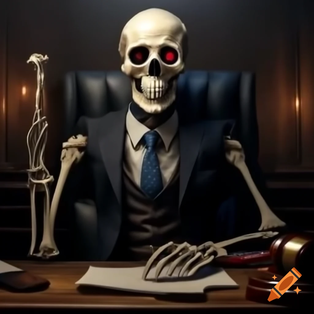 Skeleton in suit sitting at desk holding gavel with glowing red eyes