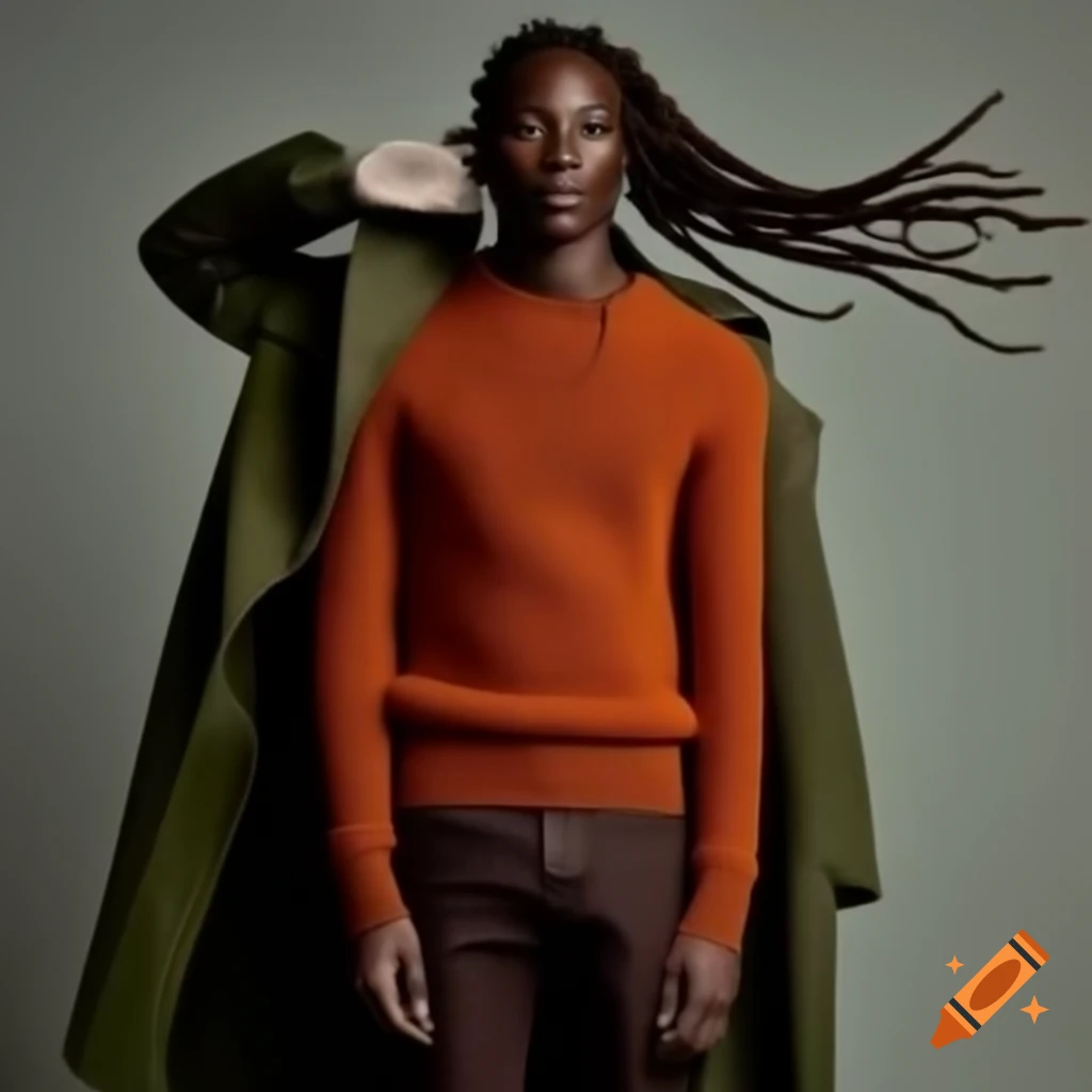 Androgynous model in rust sweater and olive overcoat