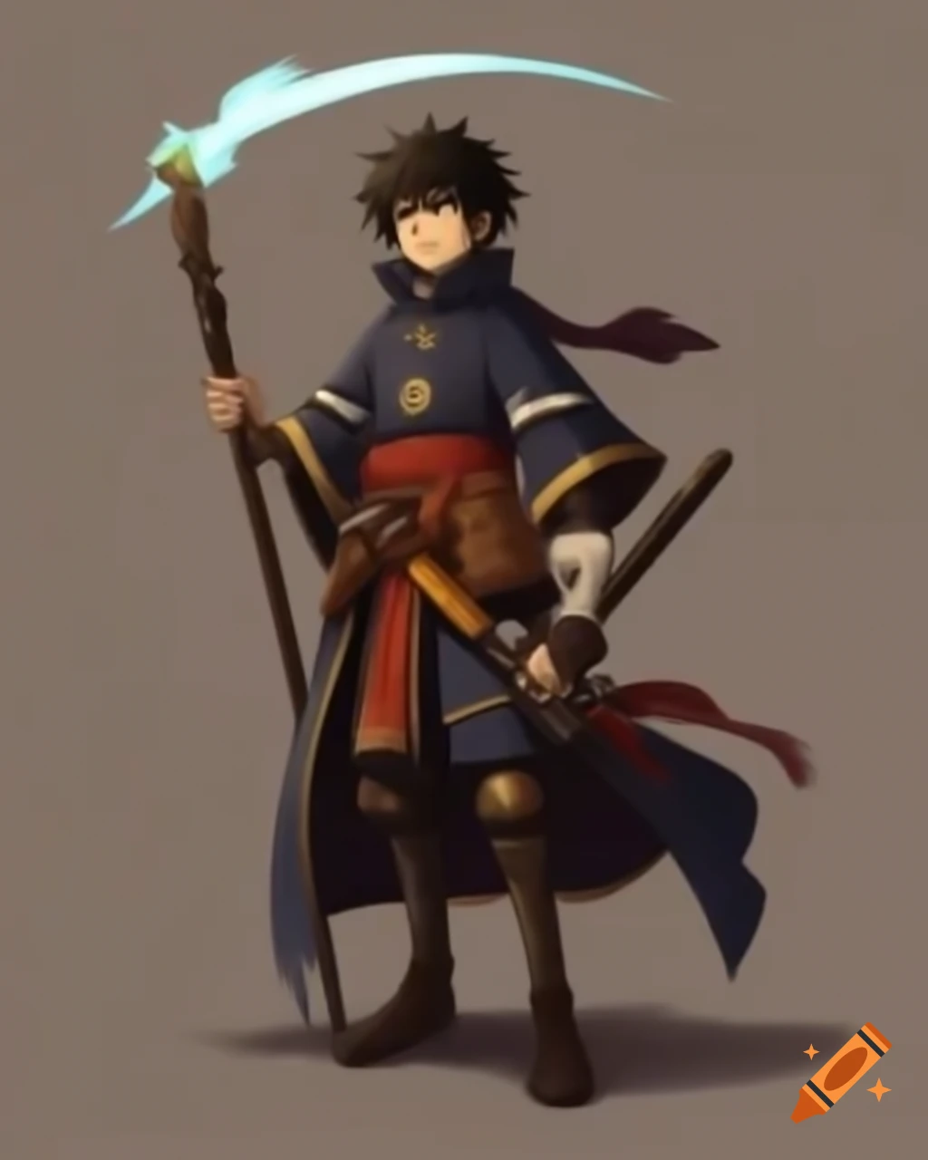 Anime-style young male human mage in a fantasy village setting