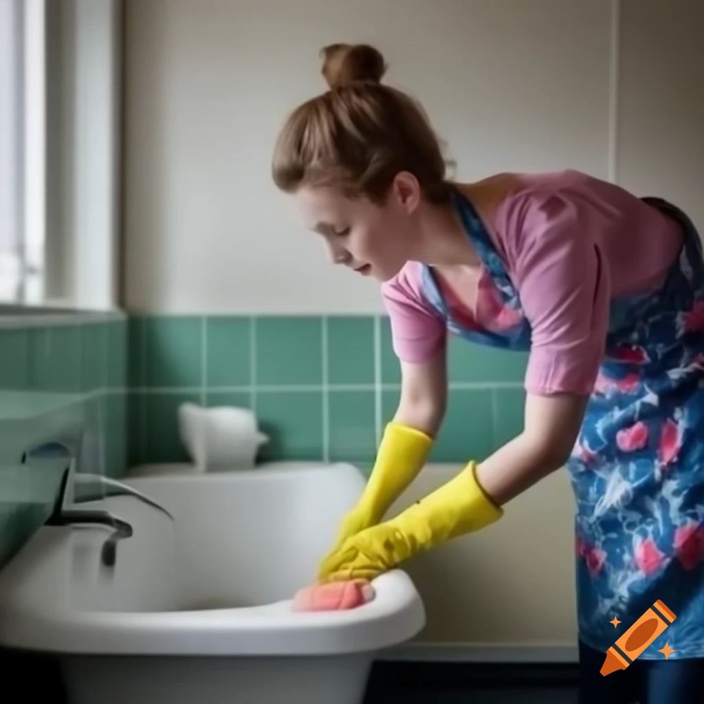 Caucasian woman in floral apron washing laundry in spacious bathroom