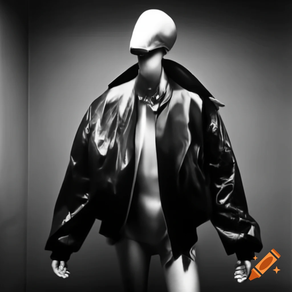 Avant-garde chrome mannequin in bomber jacket, opium aesthetic style
