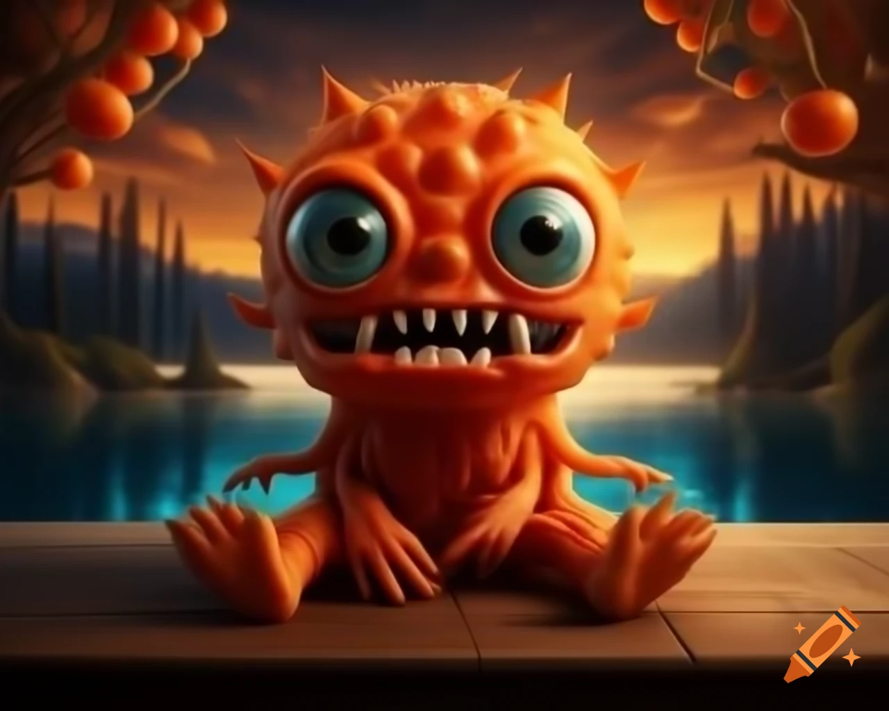 3D orange tree monster with human face on wooden table in forest