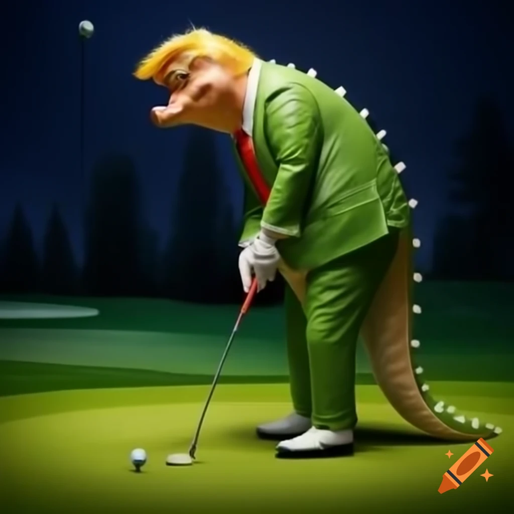 Satirical photorealistic image of character in crocodile costume golfing
