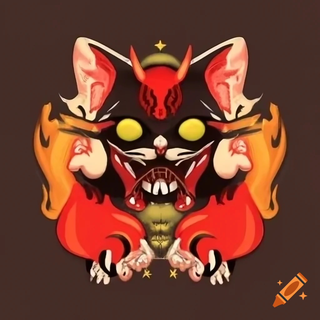 Surreal painting of a colorful cat with demonic features