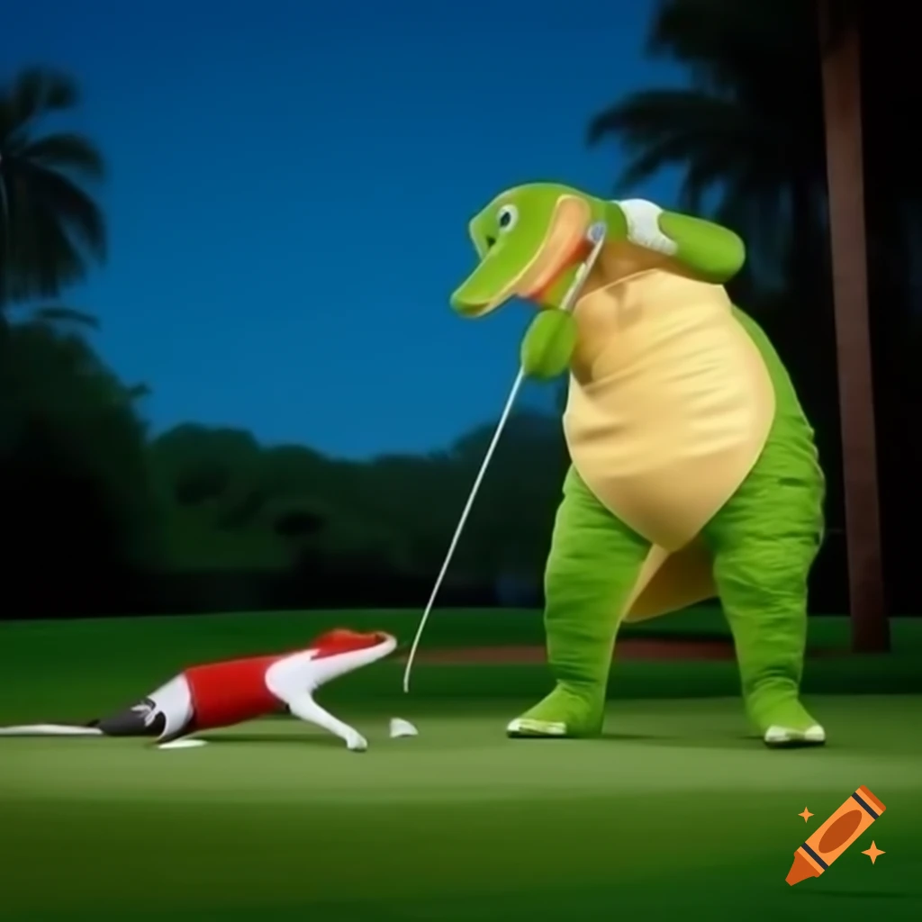 Satirical photorealistic image of a person in alligator costume golfing