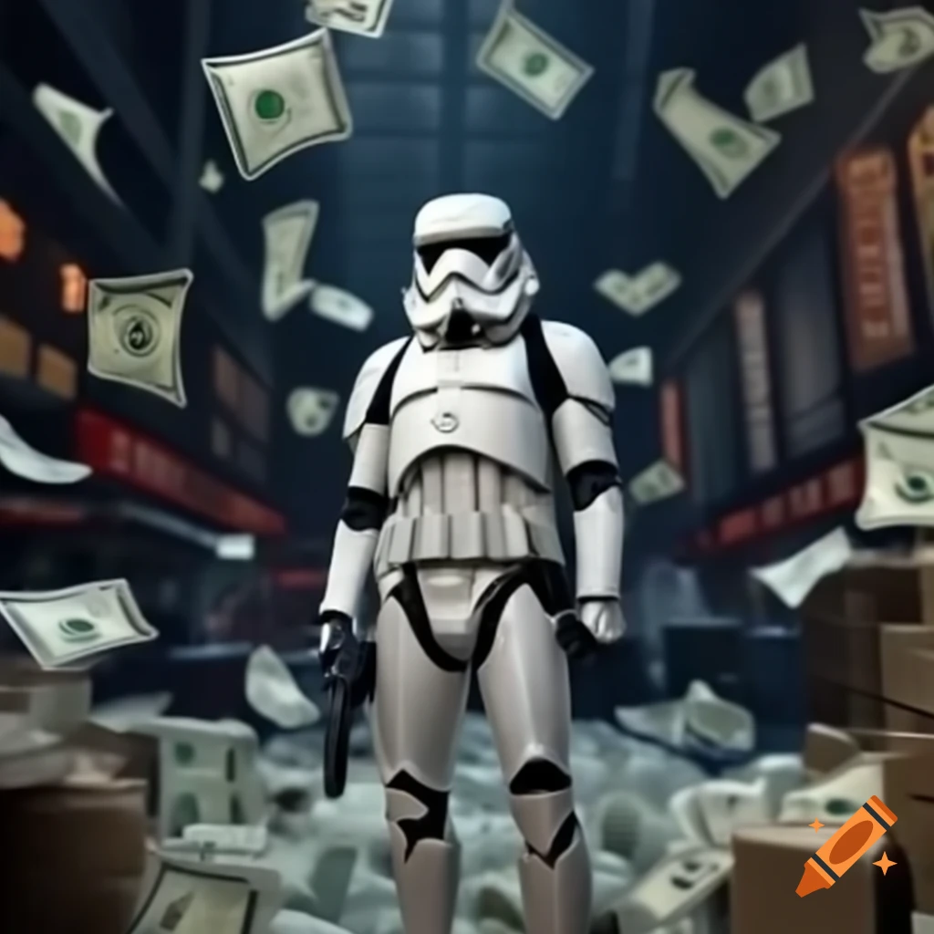 Humorous stormtrooper character fascinated by money and capital markets