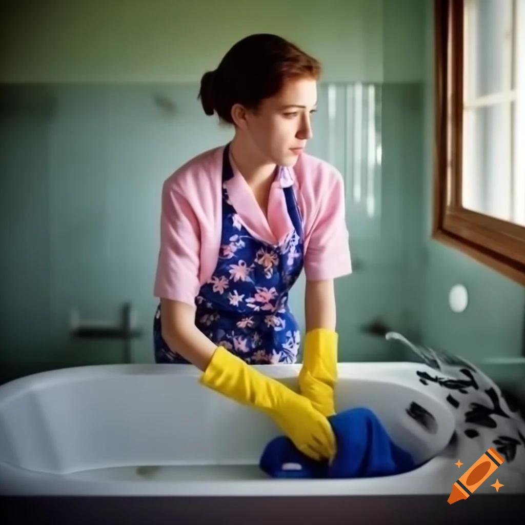 Young woman in floral apron and yellow gloves doing laundry in spacious bathroom