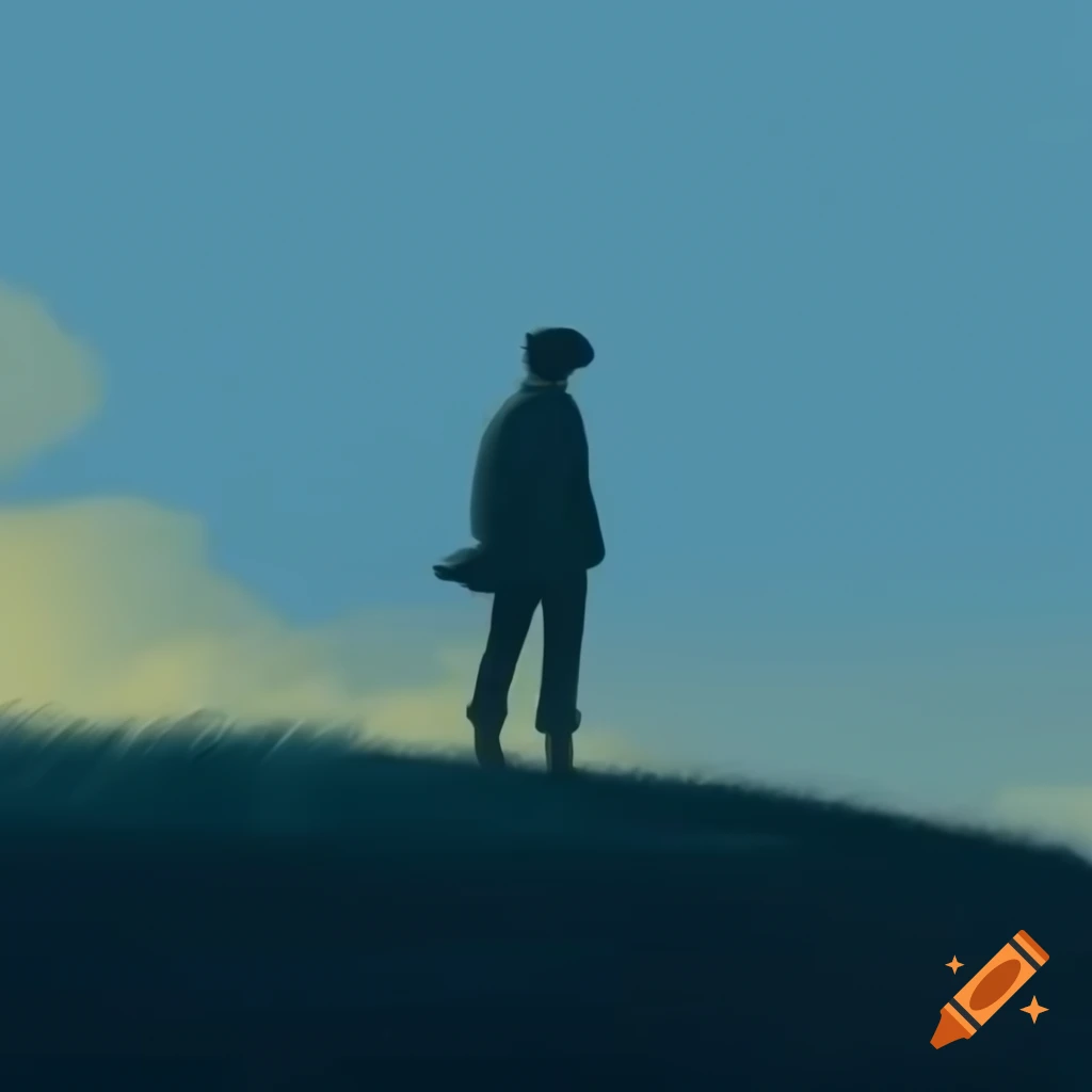 Man standing on hill raising arm towards the sky