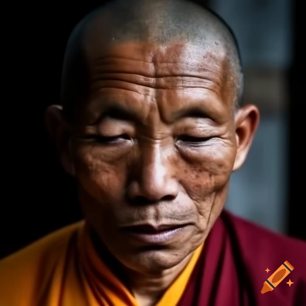 Self-portrait of a reincarnated Buddhist monk with head tilted back and eyes closed