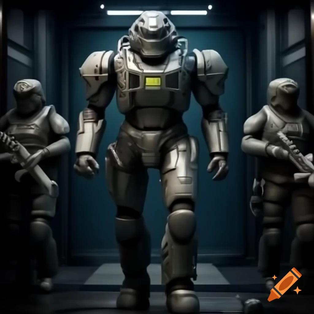 Futuristic elevator to the moon with soldiers in high-tech armor and rifles