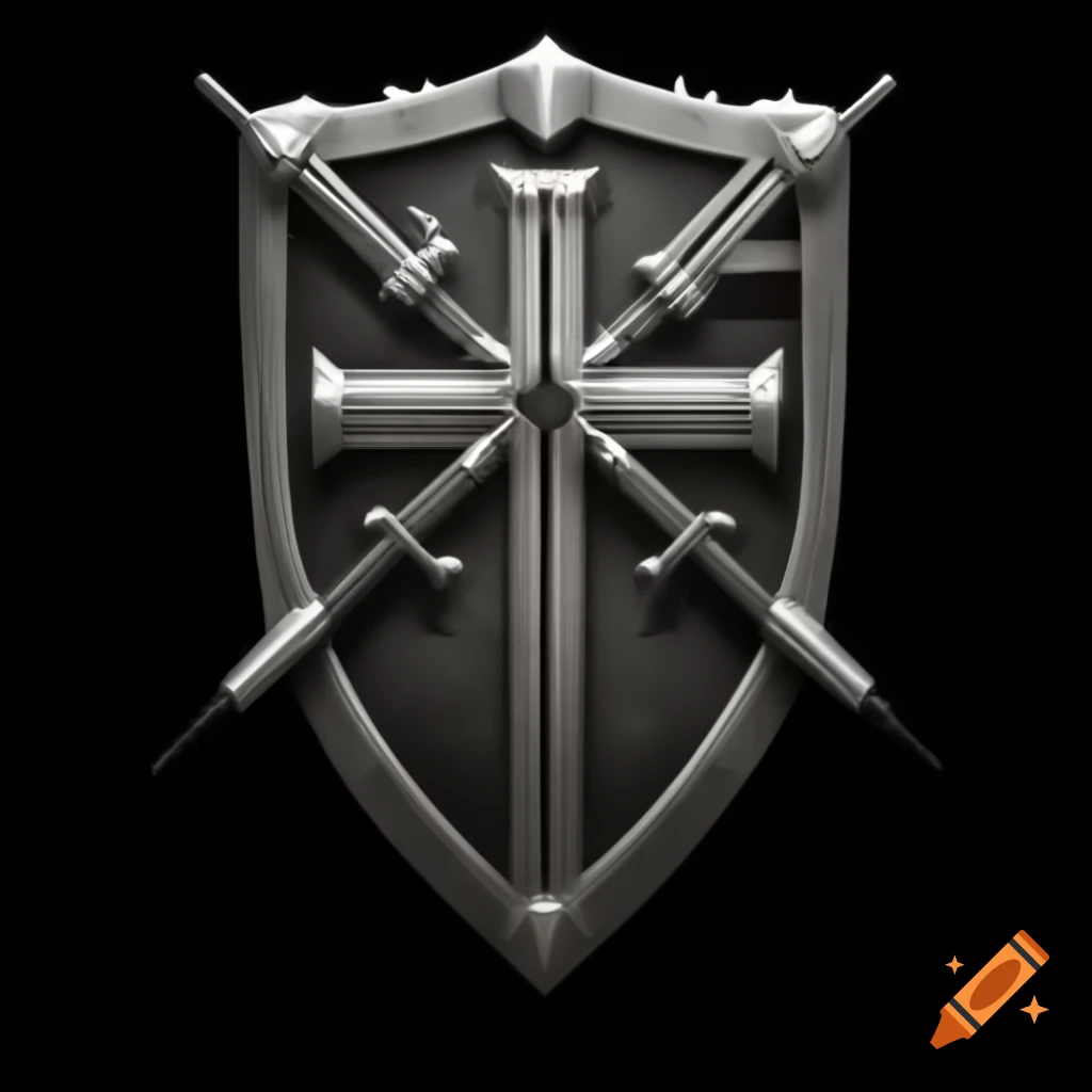 Sketch of strong shield featuring Christian cross and AR-15 on black background