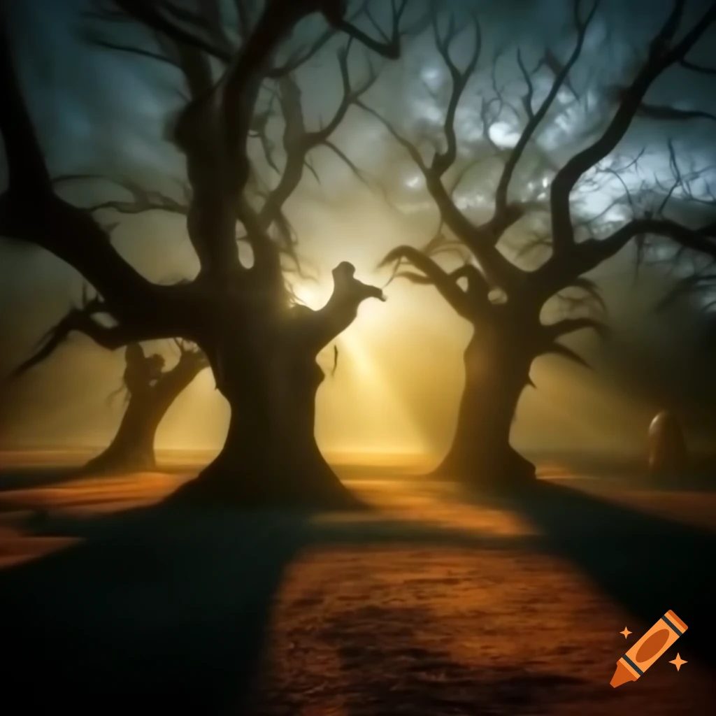 Sunlight illuminating the ground among old broken trees