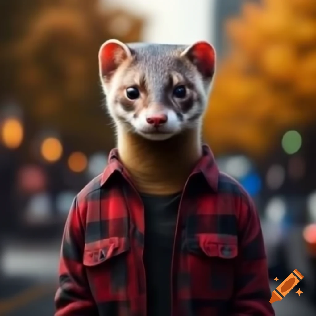 Stoat wearing flannel plaid shirt in autumn city setting