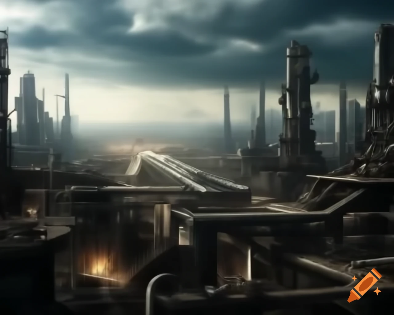 Realistic industrial futuristic cityscape in apocalyptic setting