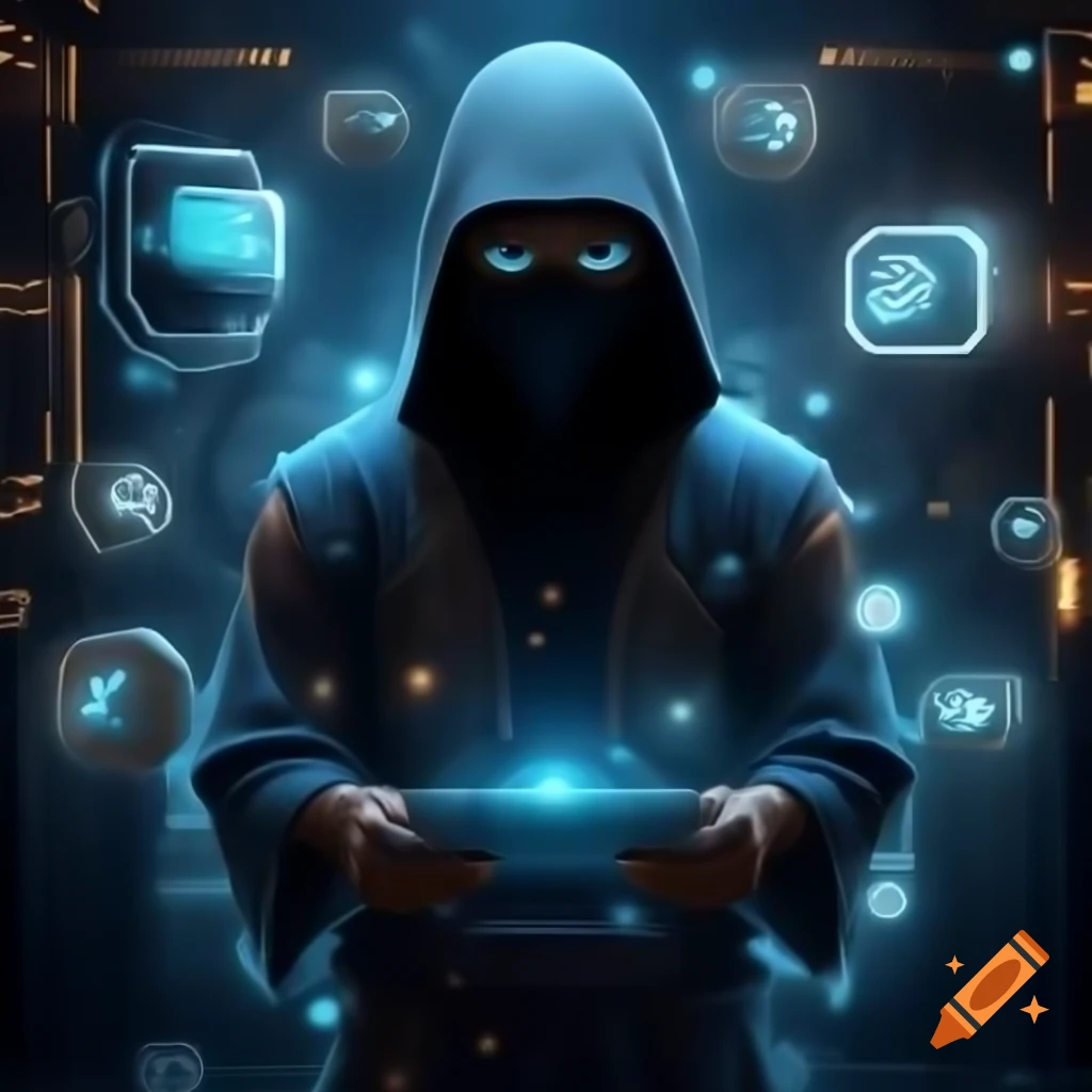 Ninja with futuristic gadgets and digital technology icons