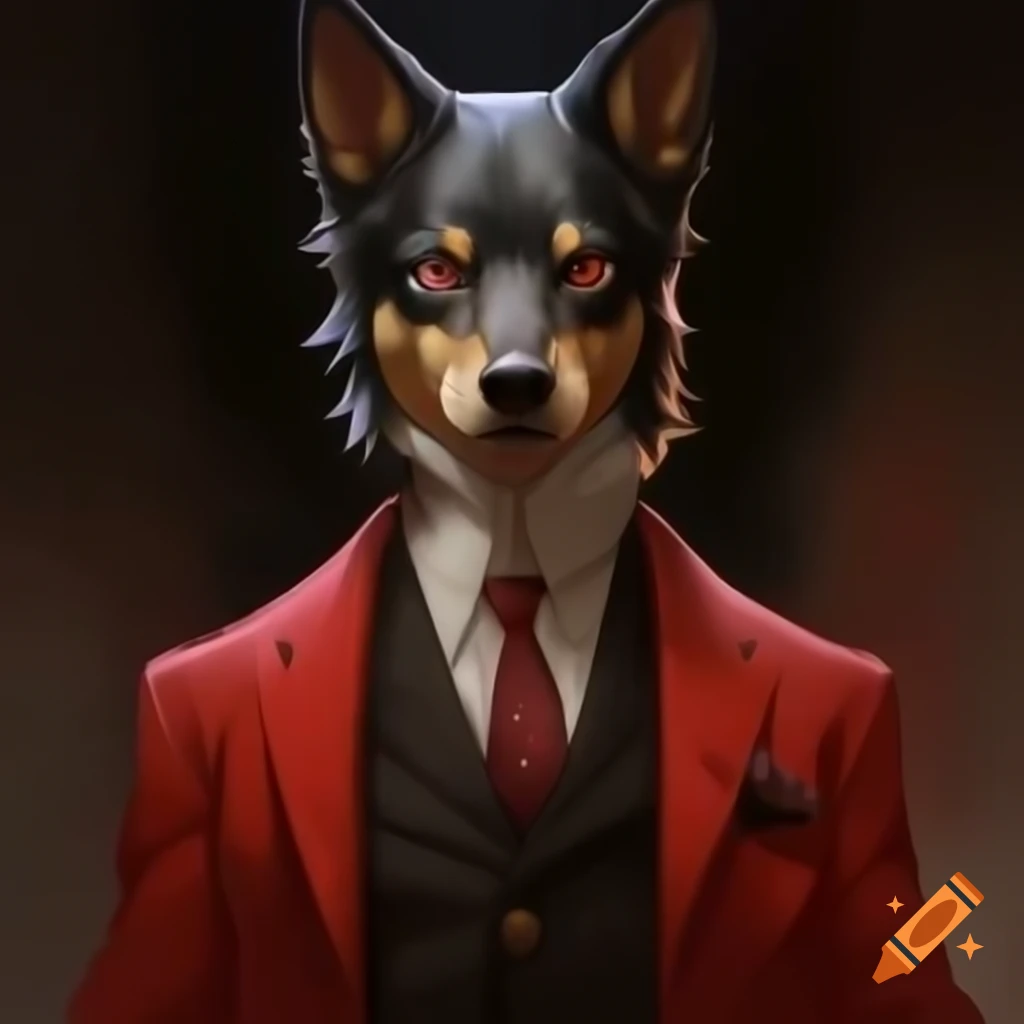 Half-body portrait of male anime character with canine head in vintage hotelier attire, classic horror aesthetic