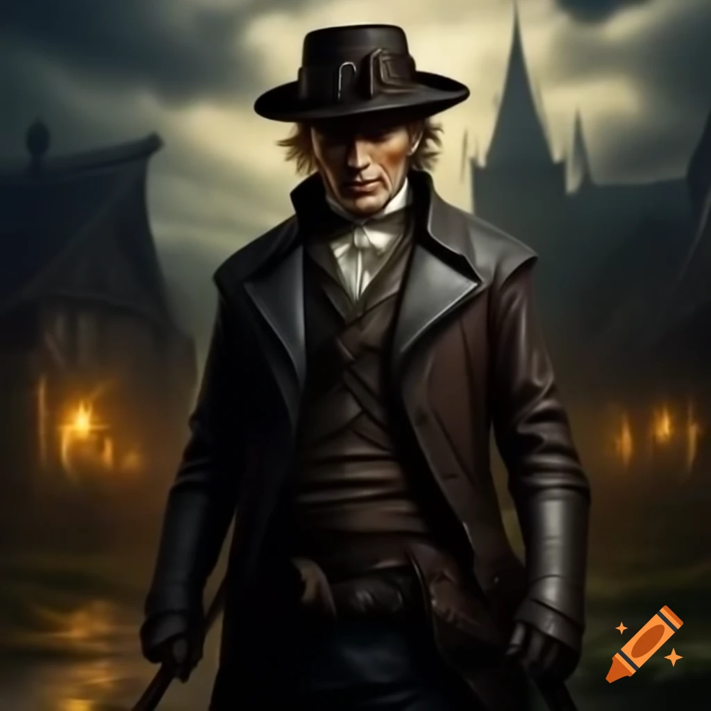 English gentleman adventurer in grim fantasy setting with Victorian-inspired attire
