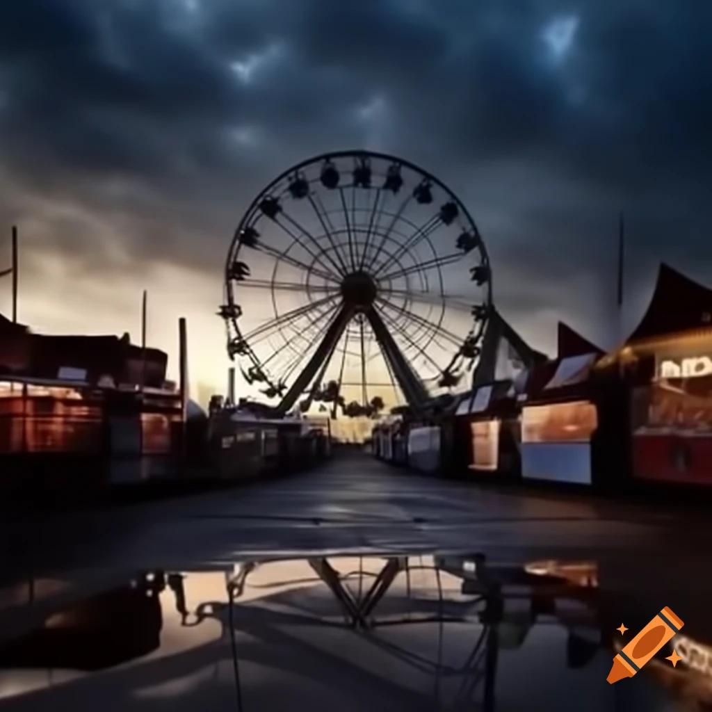 Deserted carnival at dusk with rusted rides and a turning Ferris wheel
